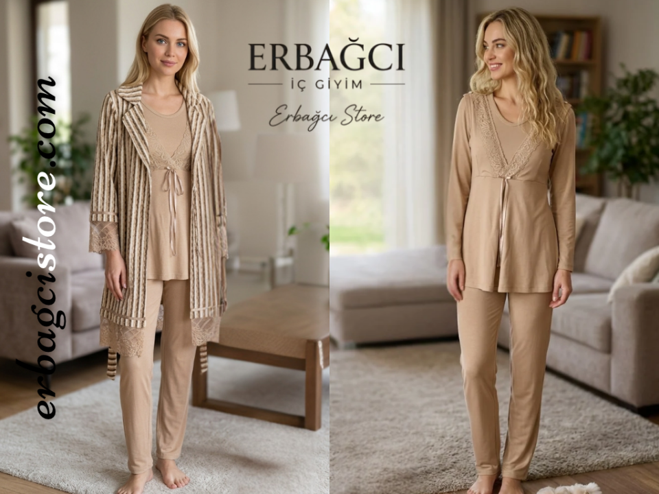 Bone 6329 Bej Renk Kadife Sabahlıklı Pijama Takım