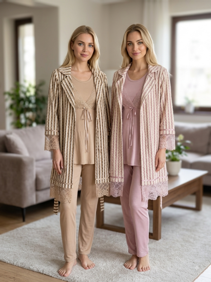 Bone 6329 Bej Renk Kadife Sabahlıklı Pijama Takım