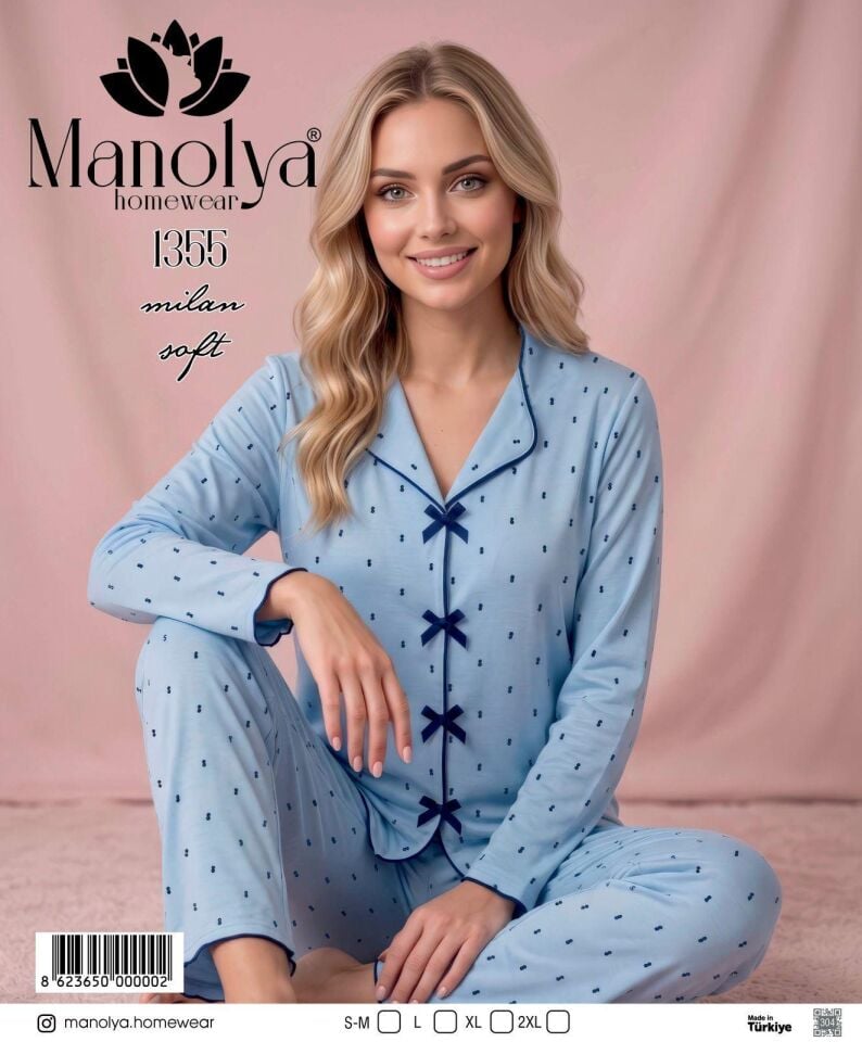 Manolya 1355-9 Mavi Uzun Kol KadınPijama Takım