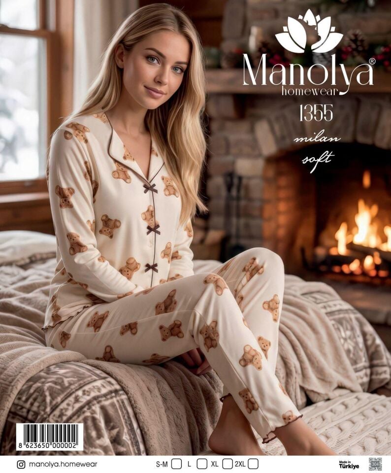 Manolya 1355-4 Bej Ayıcıklı Kadın Pijama Takım