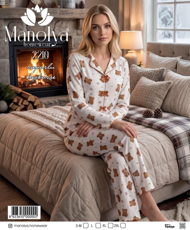 Manolya 2210-9 Kaşkorse Kumaş Uzun Kol Kadın Pijama Takım