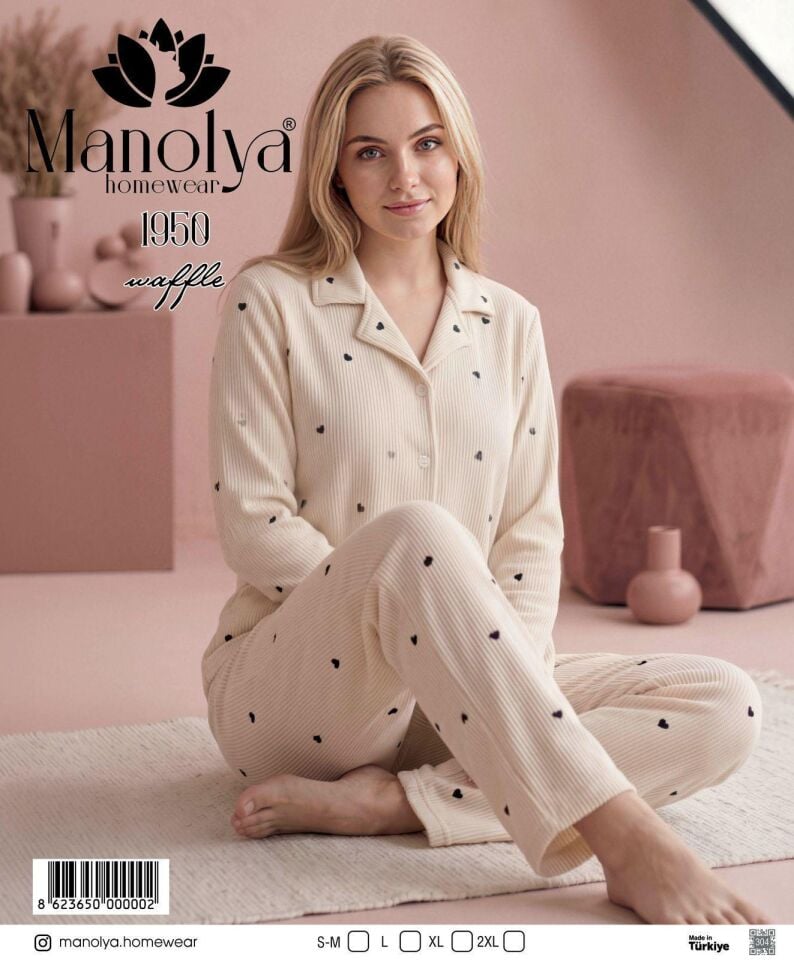 Manolya 1950-1 Ekru Renk Boydan Düğmeli Kadın Pijama Takım