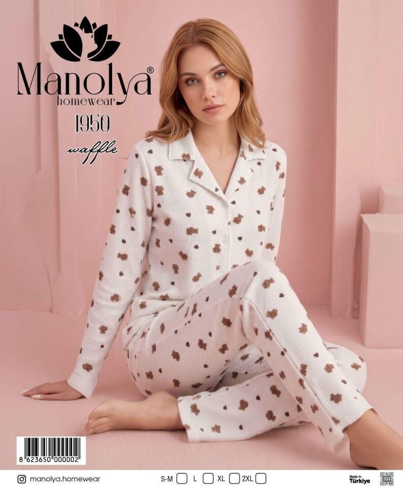 Manolya 1950-3 Boydan Düğmeli Uzun Kol Kadın Pijama Takım