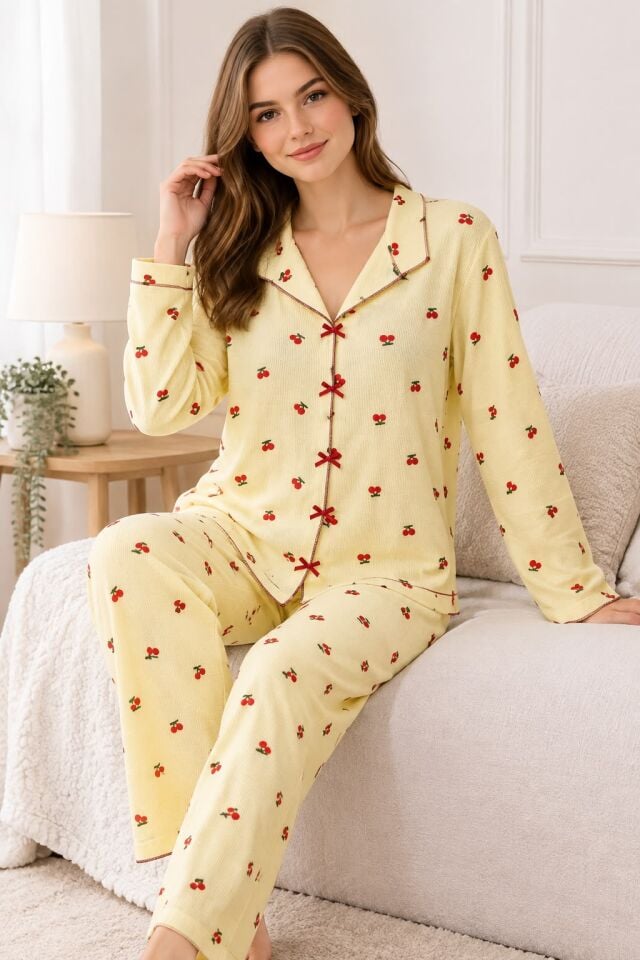 Manolya 2100-1 Sarı Renk Uzun Kol Kadın Pijama Takım