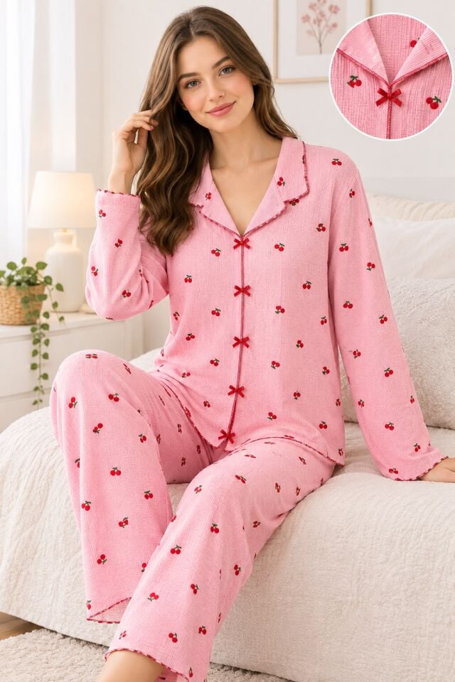 Manolya 2100-1 Pembe Renk Uzun Kol Kadın Pijama Takım
