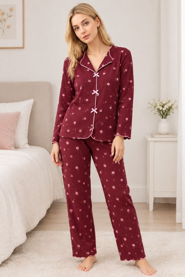 Manolya 2100-6 Bordo Renk Uzun Kol Kadın Pijama Takım