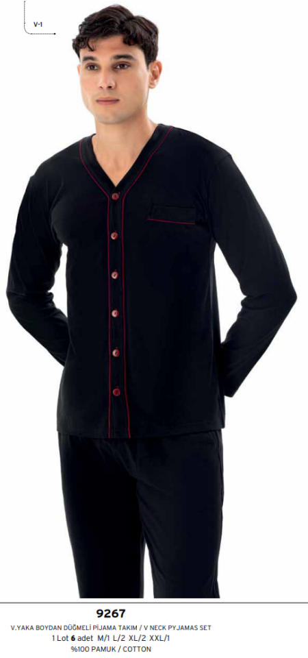 Kly 9267 Siyah Boydan Düğmeli Erkek Pijama Takım