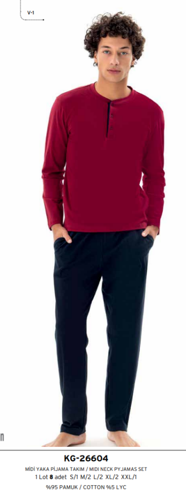 Kly 26604 Bordo Boydan Düğmeli Erkek Pijama Takım